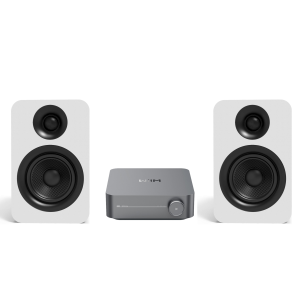 WiiM Amplifier & Kanto YUP4 4” Woofer, 120W Wireless Streaming Bookshelf Speaker System w/ 10 FT OFC 14 Gauge Speaker Wire (White)