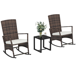 Outsunny 3 Piece Wicker Patio Furniture Rocking Bistro Set, 3-Level Reclining High Back Rocking Chair and Glass Bistro Table Set Outdoor Conversation Furniture with Cushion, White