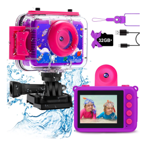 GKTZ Kids Waterproof Camera - Underwater Camera Birthday Gifts for Girls Boys Children Digital Action Camera with 32GB SD Card, Pool Toys for Kids Age 4 5 6 7 8 10