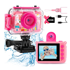 GKTZ Kids Waterproof Camera - Underwater Camera Birthday Gifts for Girls Boys Children Digital Action Camera with 32GB SD Card, Pool Toys for Kids Age 4 5 6 7 8 10