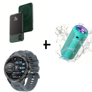 Slim Wireless Magnetic Power Bank 5000mAh, Portable Charger with LED Display, 24W Wireless Speaker with Deep Bass, Smart Watch with 1.85" Display, Fitness Tracker & LED Flashlight