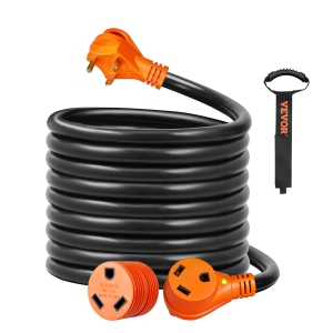 VEVOR 25 ft RV Extension Cord, 30 Amp, Heavy Duty STW RV Power Cord, NEMA TT-30R Female NEMA TT-30P Male Plug, with LED Indicator Handle 15A Adapter, for RVs, Campers, ETL Listed