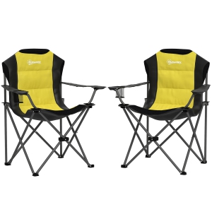 Outsunny Folding Camping Chairs, Set of 2 High Back Folding Chairs with Cup Holder, Padded Camping Chairs for Outdoor Events, Yellow