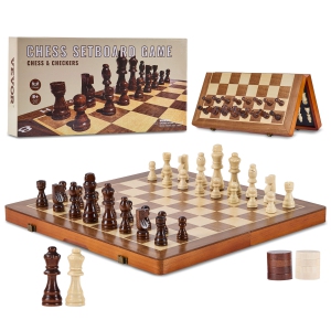 VEVOR 15 inch 2-IN-1 Magnetic Wooden Chess Set, Chess Checkers Game Set, Folding Chess Board Games for Adults Kids, 2 Queens Portable Travel Gift Chess Set