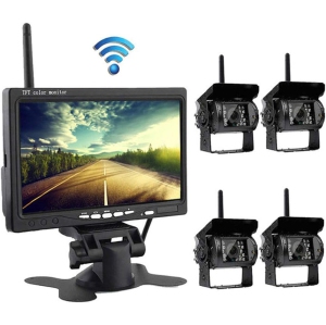 Backup Camera System Kit, 7" Wireless Car Monitor Backup Camera System Rearview Screen 4 Rear View Cameras IR Night Vision Waterproof for Bus TruckC