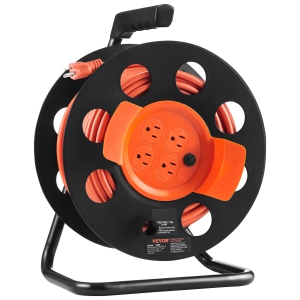VEVOR 100FT Extension Cord Reel, with 4 Outlets and Dust Cover,Duty 12AWG SJTOW Power Cord, Manual Cord Reel with Handle Circuit Breaker,For Toolshed Garage,Tested to UL Standards