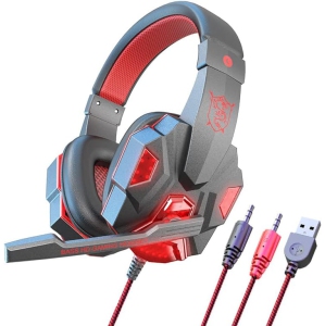 Wired headphones with soft earmuffs, gaming headset with noise cancelling microphone, LED light, stereo surround sound (black and red, PC and luminous)