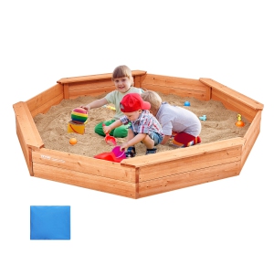VEVOR 75.6 x 75.6 x 9.1 in Wooden Sandbox with Cover, Octagonal Sand Box, Sand Pit with 4 Seating and Bottom Liner, Kids Sandbox for Beach, Park, Gift for Boys Girls Ages 3-12