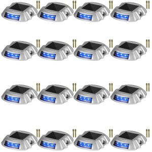 VEVOR 16-Pack Driveway Lights, Solar Driveway Lights with Switch Button, Solar Deck Lights Waterproof, Wireless Dock Lights 6 LEDs for Path Warning Garden Walkway, LED Bright Blue