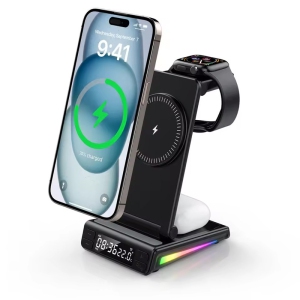 15W Wireless Desk Charging Foldable Magnetic Absorption Wireless Charger With Alarm Clock Digital Wireless Charger For Mobile Phone Fast Charging