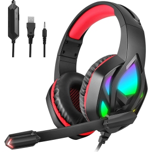 Gaming headset, rotatable noise-cancelling microphone, multi-platform compatibility, colorful LED lighting effects, comfortable memory foam earmuffs, plug and play