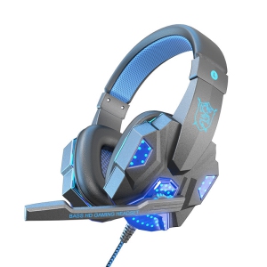 Wired headphones with soft earmuffs, gaming headset with noise cancelling microphone, LED light, stereo surround sound (black and blue, PC and luminous)