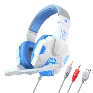 Wired headphones with soft earmuffs, gaming headset with noise cancelling microphone, stereo surround sound (white and blue, PC and luminous)