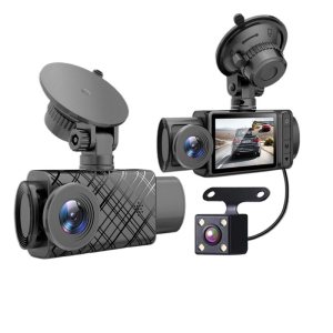 3-lens dash cam - HD 1080P recording for front, interior, and rear vehicles, with Wi-Fi, night vision, and parking assistance, 2-inch IPS screen, and loop recording (+32GB)