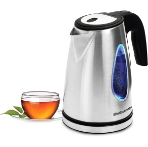 Elite Gourmet 1.7L Stainless Steel Electric Kettle, Cordless, Auto Shut-Off, Blue LED Interior, 1100W