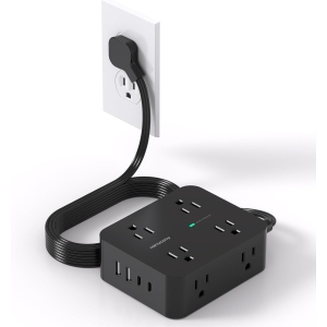 HANYCONY Power Bar Surge Protector, 5FT Flat Plug Extension Cord, Power Strip with 4 USB Ports (2 USB-C), Wall Mount for Home, Office, Dorm, ETL Listed, Black