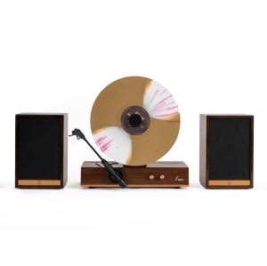 Fuse GLD Vertical Vinyl Record Player with Gold Trim, External Speakers, Audio Technica Needle, and Bluetooth In/Out
