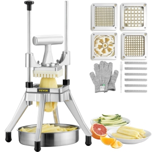 VEVOR 4 Blades 1/4" 3/8" 1/2" Commercial Vegetable Fruit Chopper, Stainless Steel French Fry Cutter , 6-wedge Slicer, Chopper Dicer with Tray, Heavy Duty Cutter for Potato Tomato