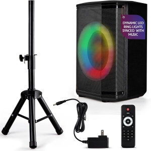 Pyle Portable Bluetooth Speaker with 8" Inch Woofer, TWS Function, Mic Input, USB/Micro SD/FM Radio, Colorful Ring Lights, 120W Rechargeable Battery, Tripod Stand, Hi-Fi Sound