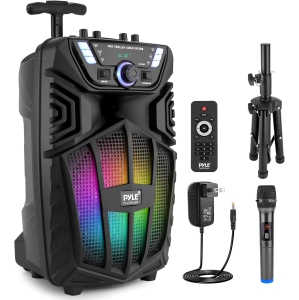 Pyle 480W Portable Bluetooth PA Speaker - 8” Rechargeable Outdoor Karaoke Party Speaker, Audio System w/Wireless Mic and Wheels, TWS, Party Lights, LED Display, 6.5mm Mic Input