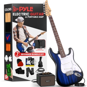 Pyle Full Size Electric Guitar Kit with 5W Amplifier, Gig Bag, Picks, Spare Strings, and Strap, ST-Style Beginner Guitar Bundle with 22 Frets, Paulownia Wood Body, Blue