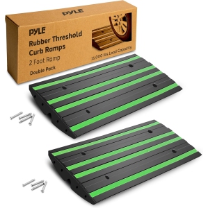 Pyle 2 Ft. Rubber Threshold Curb Ramp Set, Green Reflective Strip for Driveways, Non-Slip Marine Grade Rubber, Pack of 2 Heavy Duty Car Ramps for Trucks, RVs, Forklifts