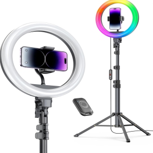 12" Ring Light with Stand 72" Tall & 2 Phone Holders,38 Color Modes Selfie LED Ring Light with Tripod Stand for iPhone/Android,Big Ring Light for Camera,YouTube,Makeup