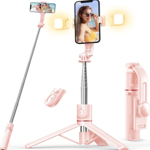 Selfie Stick with Light, 45'' Selfie Stick Tripod with Wireless Remote, Portable Travel Phone Tripod Compatible with iPhone 15 Pro Max/15/14 Pro/14/13, Samsung S22(Pink)