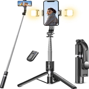 Tripod with Light, 45" Selfie Stick with Wireless Remote, Portable Phone Tripod Compatible with iPhone 16/15 Pro Max/15/14 Pro/14/13, Samsung S22/ S23 Ultra/Android Smartphone