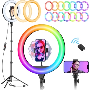 12" RGB Ring Light with 63" Tripod Stand, 3 CCT Mode and 39 Color Mode Selfie Ring Light with Stand, 2-in-1 LED Ring Light and Selfie Stick with Selfie Remote, for Makeup