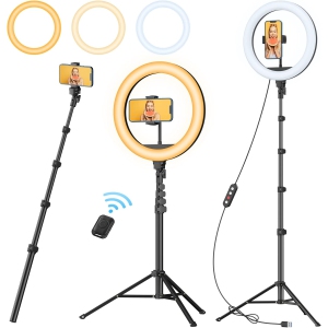 12" Ring Light with 63" extendable Tripod Stand, Selfie Ring Light with Phone Holder and Remote, Dimmable LED Ring Light & Selfie Stick for Makeup/Live Stream/Photography