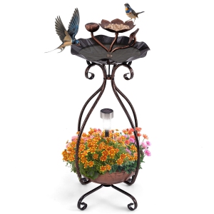 Gymax Solar Outdoor Bird Bath & Feeder Combo w/ Flower Planter Pedestal & Solar Lights