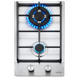 VEVOR 12 inch Gas Cooktop, Max 12250BTU 2 Burners Built-in Stainless Steel Gas Stove Top, LPG/NG Convertible Dual Fuel Natural Gas Hob with Thermocouple Protection for Outdoor