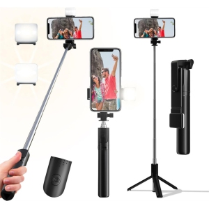 YOULIGHTS Selfie Stick, 40 in Retractable Phone Tripod with Wireless Remote Control & Light, Portable Selfie Stick Tripod for Photograph, Live Streaming, Video Recording, Black