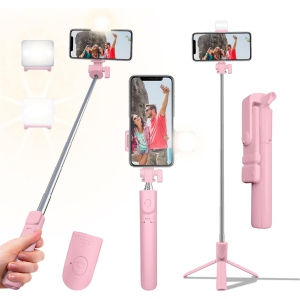 YOULIGHTS Selfie Stick Tripod, 40in Retractable Phone Tripod with Wireless Remote Control & Light, Portable Selfie Stick Tripod for Photograph, Video Recording (Pink)