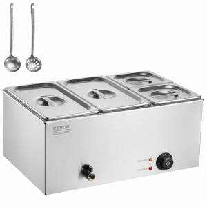 VEVOR 4-Pan Commercial Food Warmer, 16.4QT Electric Steam Table, 1200W Professional Countertop Stainless Steel Buffet Bain Marie with 86-185°F Temp Control for Restaurants, Silver