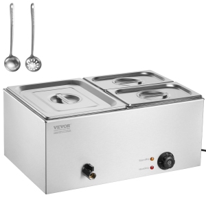 VEVOR 3-Pan Commercial Food Warmer, 17QT Electric Steam Table, 1200W Professional Countertop Stainless Steel Buffet Bain Marie with 86-185°F Temp Control for Restaurants, Silver