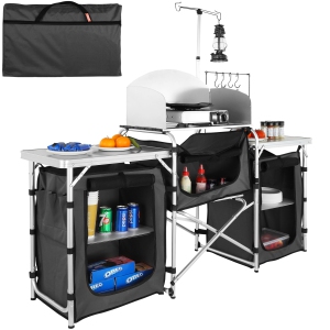 VEVOR Camping Kitchen Table, Folding Outdoor Cooking Table with Storage Carrying Bag, Aluminum Cook Station 3 Cupboard & Detachable Windscreen, Quick Set-up for Picnics, BBQ, Black