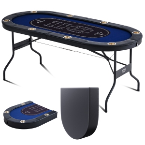 VEVOR 72" 8 Player Foldable Poker Table, Blackjack Texas Holdem Poker Table with Padded Rails and Stainless Steel Cup Holders, Portable Folding Card Board Game Table, Oval , Blue