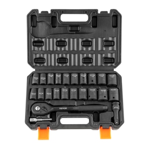 VEVOR 1/2" Drive Impact Socket Set, 23 Piece Socket Set SAE（7/16" -1"）& Metric（13-24mm）6 Point Cr-V Alloy Steel for Auto Repair with Ratchet Handle Rugged Construction Storage Case