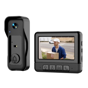 Video Doorbell with Display, Wireless Intercom Camera, Two-Way Audio, TF Slot, Night Vision, Local Storage, Button Control, Wall Mount, Not Waterproof - Black