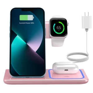 MAKATA 4-in-1 Wireless Charger (PINK) Foldable Fast-Charging Station Compatible with Apple Samsung Phones Smart watches and Airpods for Home and Office (Wall Plug Included)