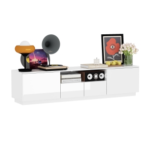 Famapy High Gloss TV Stand with Storage Drawers and Open Shelves, (70.8" W x 14.6" D x 17.3" H) White