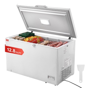 VEVOR 12.8 cu.ft / 345 L Chest Freezer,Large Deep Freezer & 4 Removable Baskets,Freestanding Top Open Door Commercial Chest Freezers,7-Level Adjustable Temp,LED Lighting, 6 Wheels