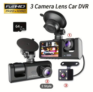1080P+480P+480P 3 Channel Dash Cam Wide Angle for Cars Front, Inside and Rear and 32GB SD Card Included with Loop Recording and G-Sensor