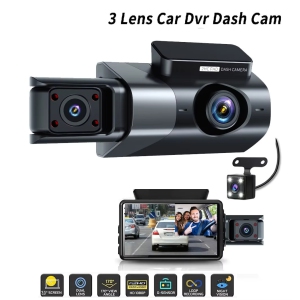 1296P+480P+480P 3 Channel Dash Cam Wide Angle for Cars Front, Inside and Rear and 32GB SD Card Included with Loop Recording and G-Sensor