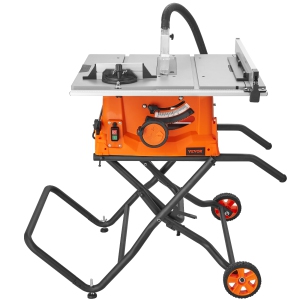 VEVOR 10-inch Table Saw with Stand, 15-Amp, Max Rip 25-in, Speed to 5000RPM, 40T Blade, Compact Portable Jobsite Saw with Sliding Miter for Wood & Furniture Crafting