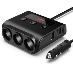 Smart 4-port USB and 3-outlet 120W car charger with LED display, overload protection and independent switch