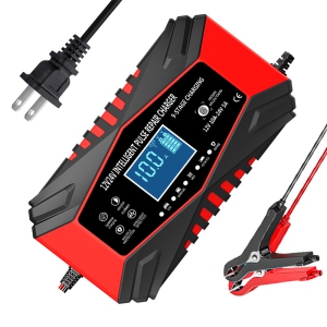 All-in-one automatic sensing 12V battery charger - intelligent pulse maintenance with LCD voltage/temperature display, suitable for motorcycle/car on-board battery charger (red)