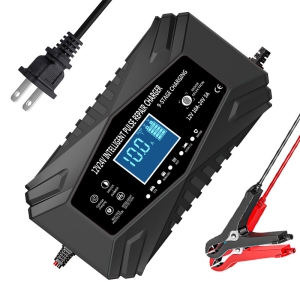 All-in-one automatic sensing 12V battery charger - intelligent pulse maintenance with LCD voltage/temperature display, suitable for motorcycle/car on-board battery charger (black)